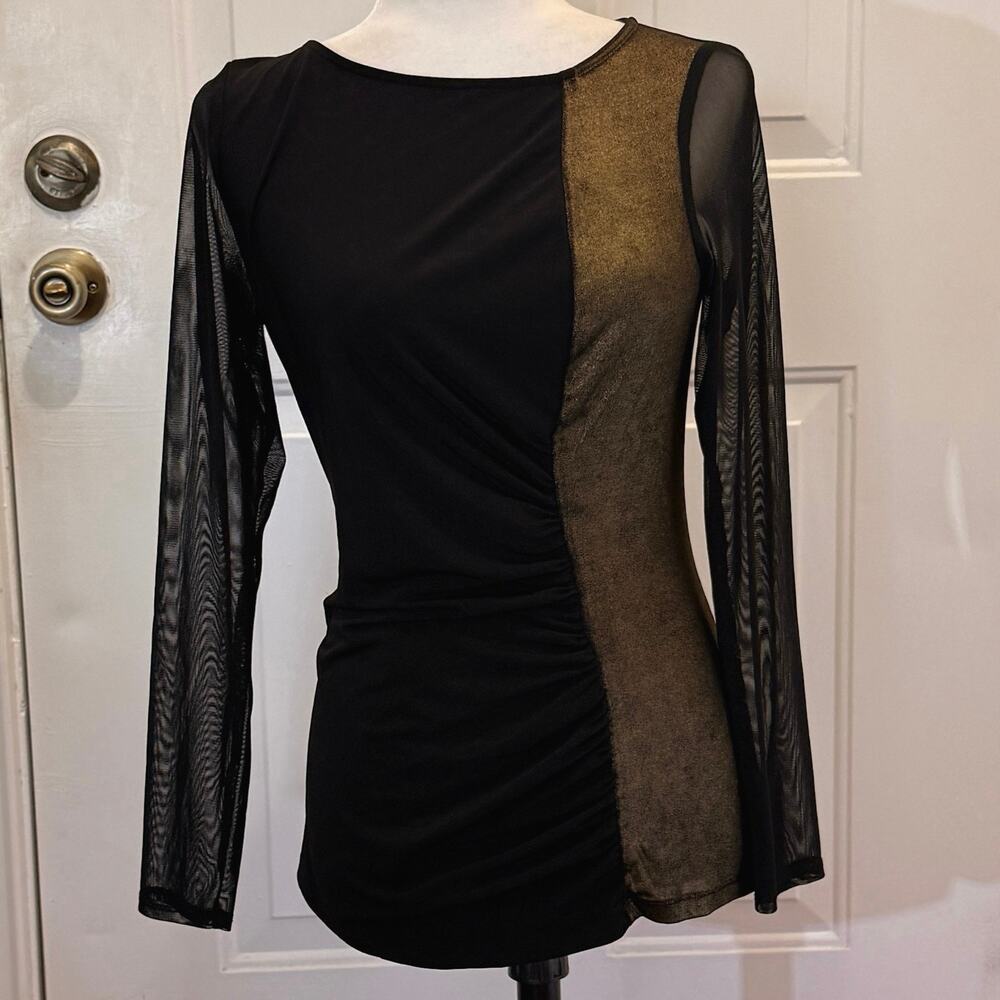 Anne Klein Metallic Gold & Black Colorblock Mesh Long Sleeve Top Ruching size 10